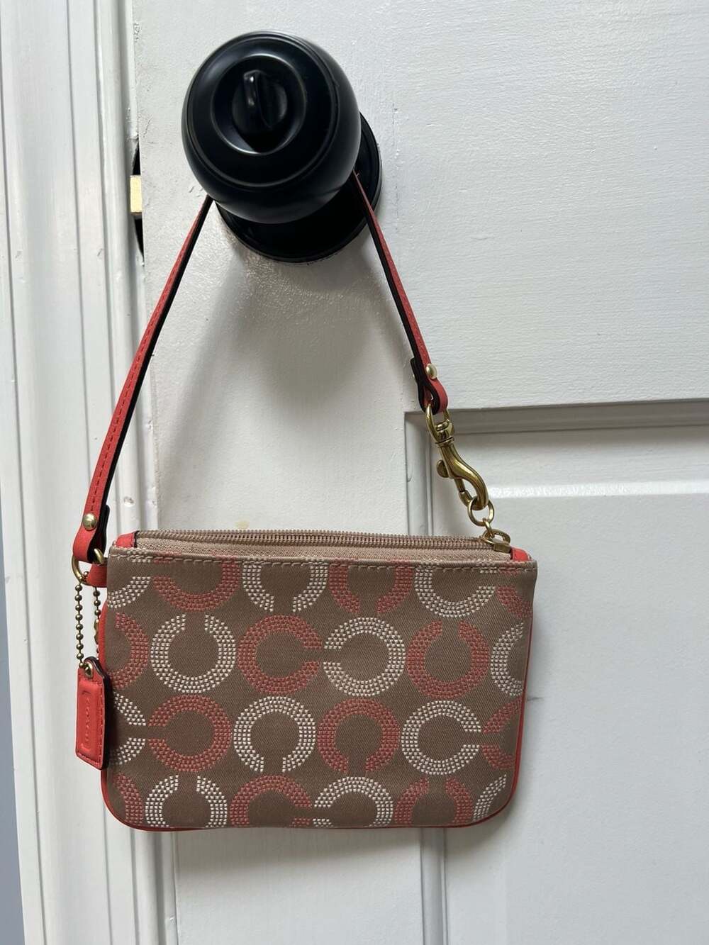 Coach Ashley Dot Op Art Khaki Tearose Small Wristlet F49460
